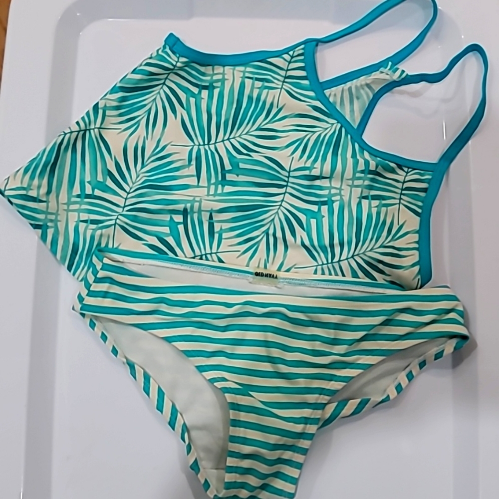Old Navy Green and Beige, Leaf Design Tankini, Size LG(10/12)